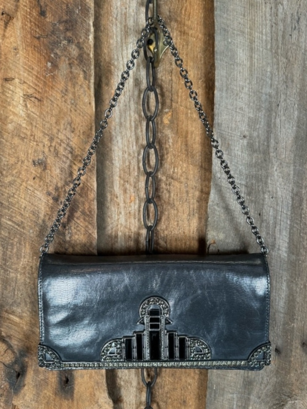 Etro Rare Metallic Leather Embellished With Rhinestones On Chain Clutch